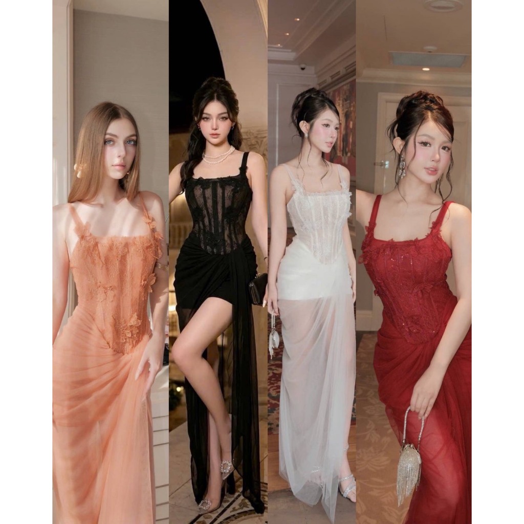 Zenlulu Brand: เดรสยาวผ้าซีทรูนิ่มจับจีบผ่าสูง แต่งปักดอกไม้ ด้านในดีไซต์มีซับเป็นโปรงสั้น