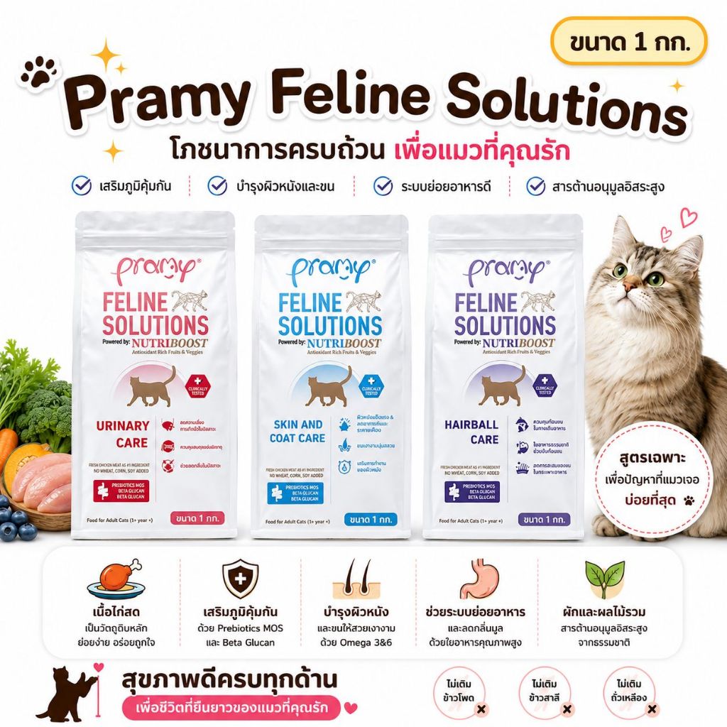 [1kg.] อาหารแมวพรามี่ Pramy Feline Solutions Care สูตรดูแลเฉพาะทาง สำหรับแมว ขนาด 1 กก.