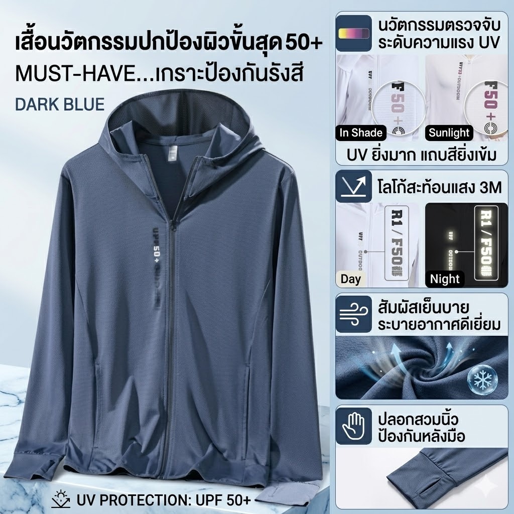 UPF50+ เสื้อกันแดด ผ้าเย็น ระบายอากาศดี ทรงUnisex ใส่สบายไม่ร้อน มีใบรับรองกันแดดได้จริง