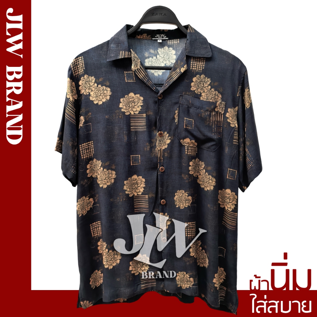 เสื้อฮาวาย ลายดอกมัม กรม ผ้านิ่ม M L XL Oversize คอฮาวาย JLW BRAND