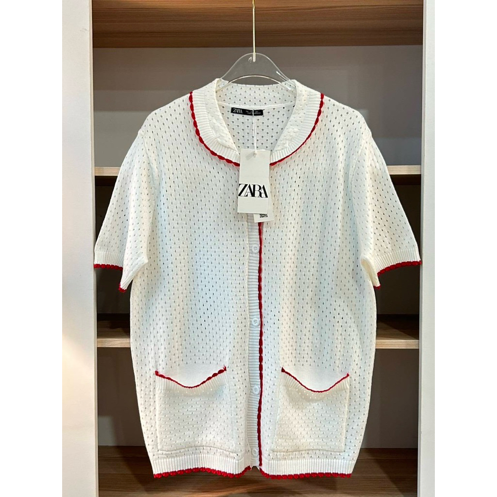 เสื้อไหมพรหมถักแขนสั้นลายฉลุผ้าไม่หนา