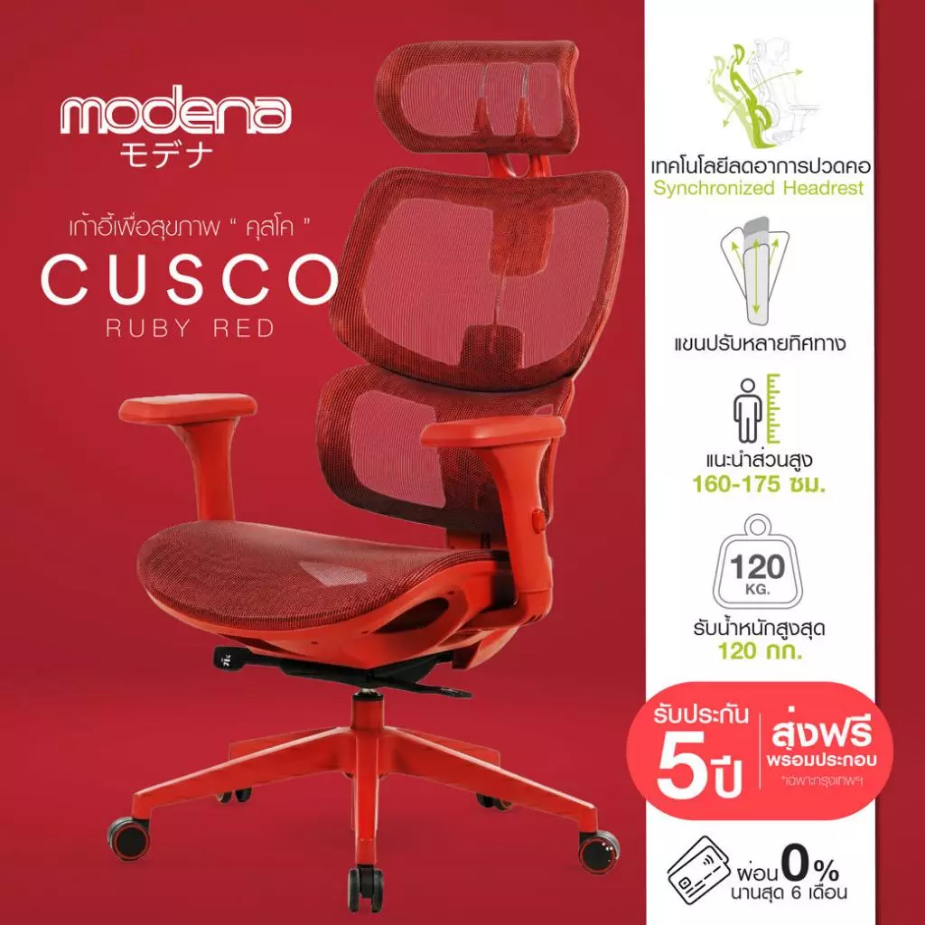 MODENA Cusco เก้าอี้ Ergonomic Synchronized Headrest แขน 4D พนักพิง Mesh เอนล็อก 135° รับ 120 กก.