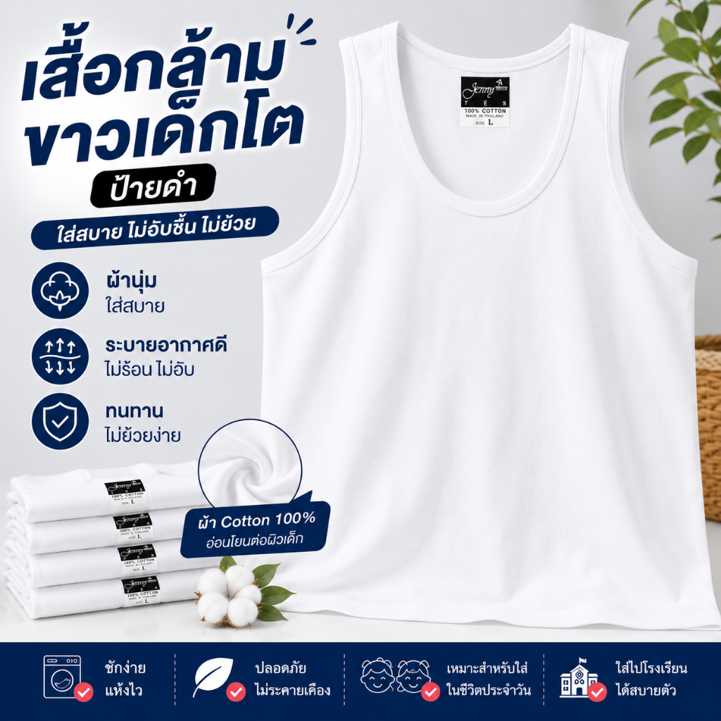 (แพ็ค3ตัว/1ตัว) เสื้อกล้ามขาว กล้ามขาวเด็กหญิง เนื้อผ้าcotton 100% Premium(ป้ายดำ)