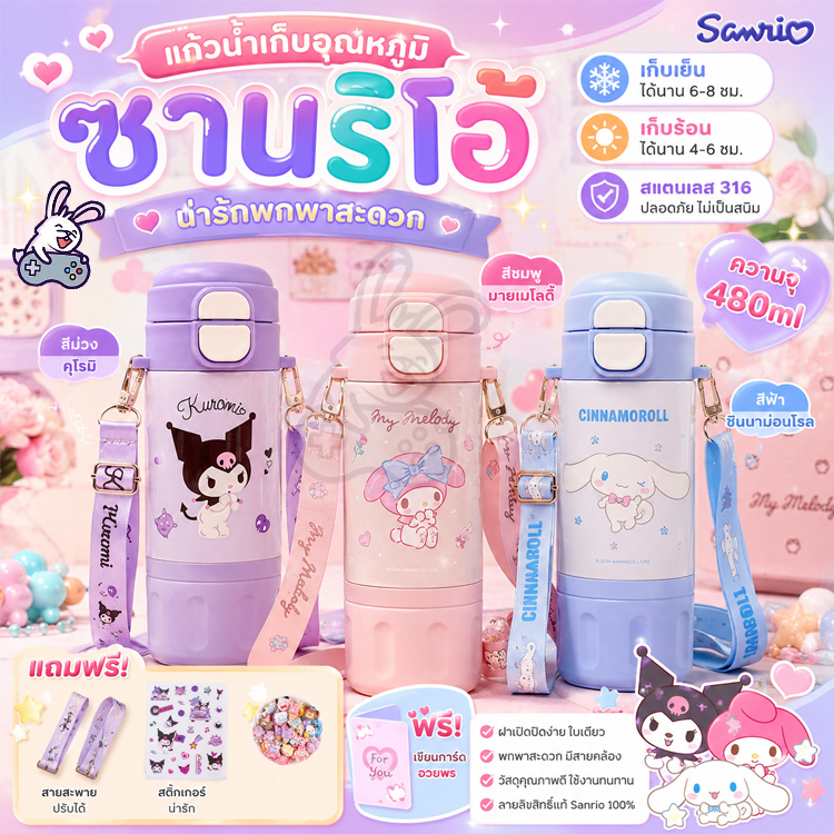 ถ้วยฉนวน กระติกน้ําสูญญากาศ Sanrio 480ML, กระติกน้ําสแตนเลสความจุขนาดใหญ่ Melody สําหรับเด็กชายและเด็กหญิง