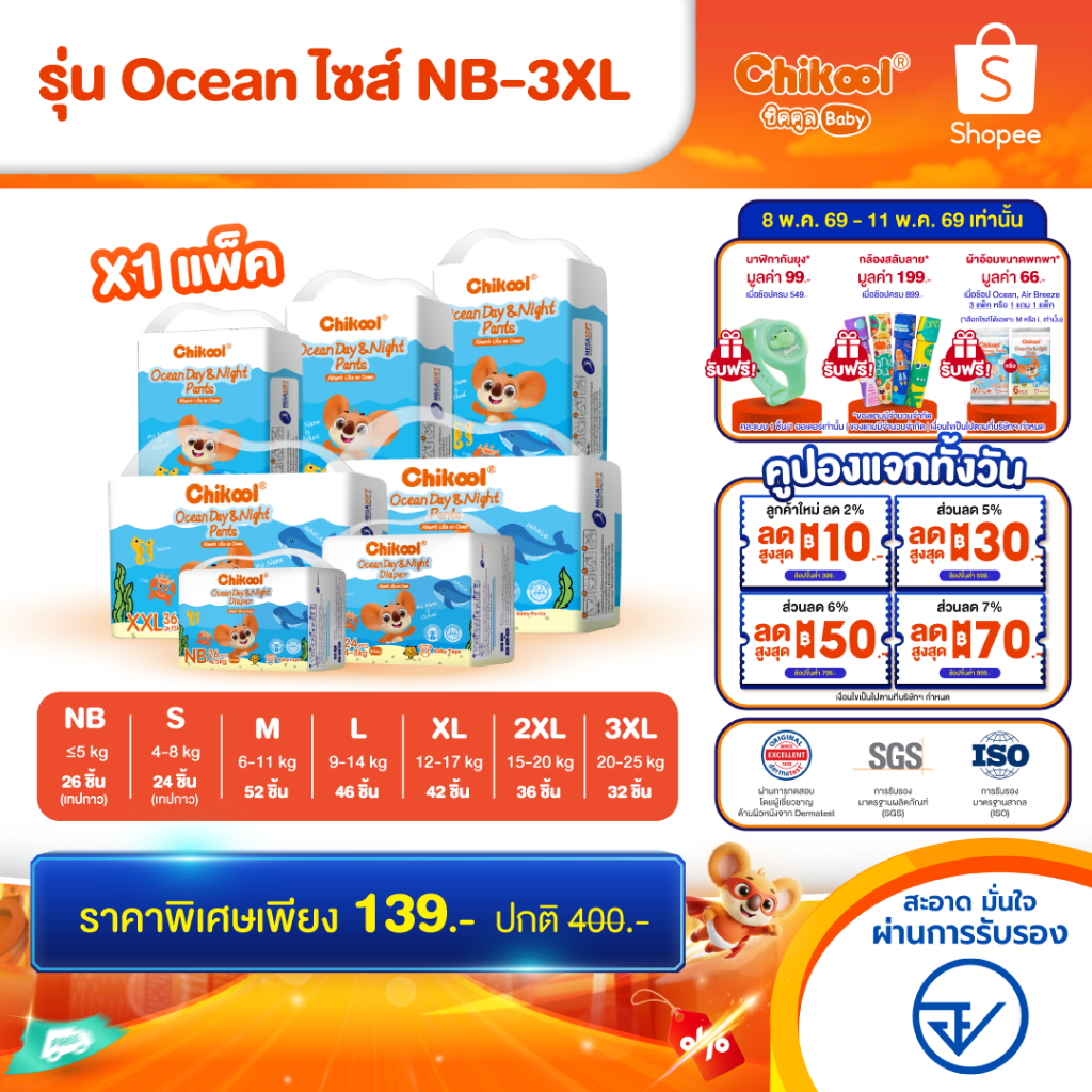 [แพ็คเดี่ยว] Chikool Ocean Day&Night Pants ชิคคูล กางเกงผ้าอ้อมเด็ก โอเชียน เดย์&ไนท์ ไซส์ NB-3XL