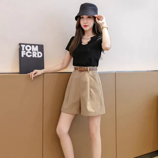 Bived S-6XL กางเกงขาสั้นผู้หญิง ทรงเอไลน์ เอวสูง ทรงหลวม ขากว้าง ผ้าเนื้อบาง (ไม่มีเข็มขัด)