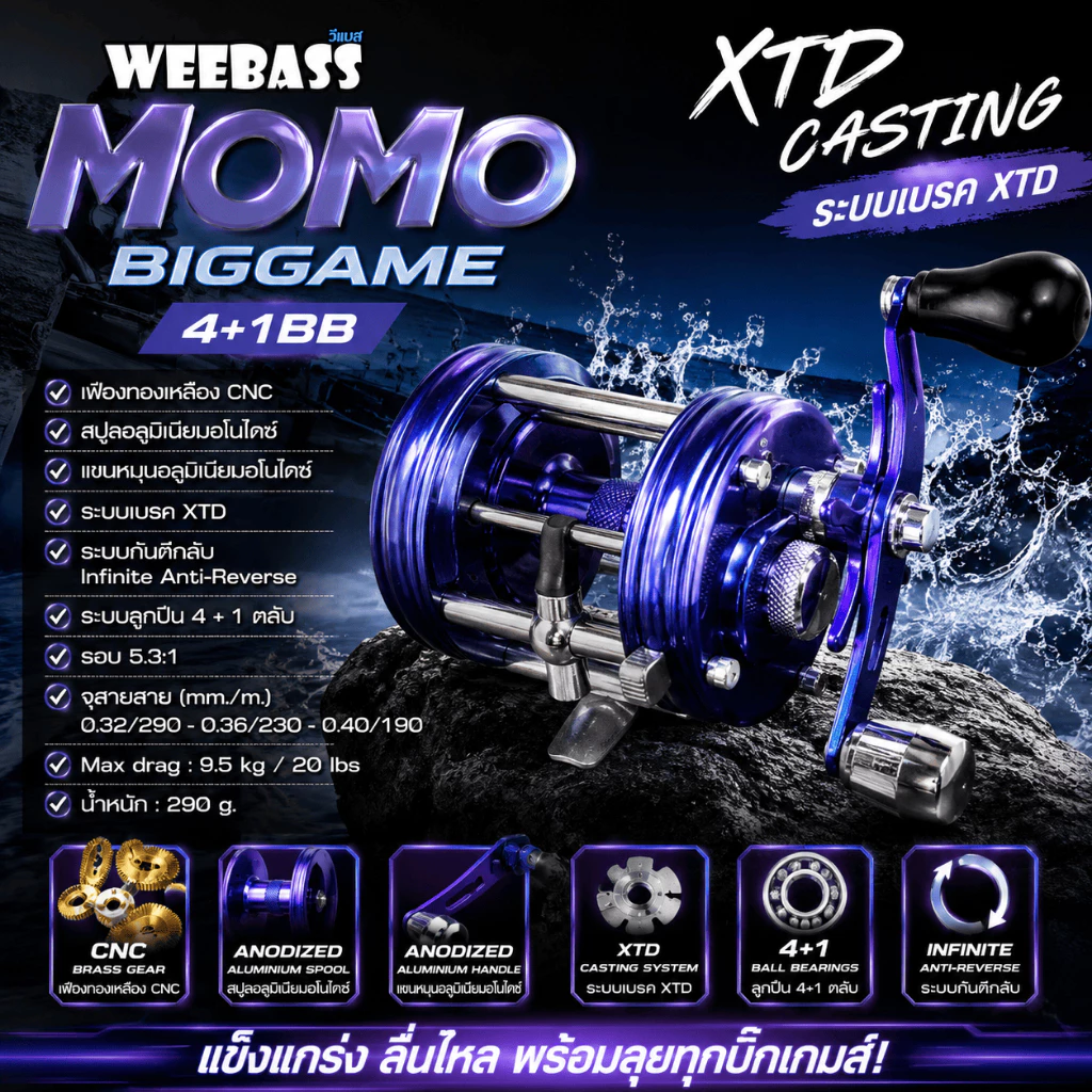 [ ของแท้ ] รอกเบส รอกเบท Weebass MOMO Biggame 4+1BB สีสวย สปูลอลูมิเนียมอโนไดซ์ ระบบเบรค XTD Casting