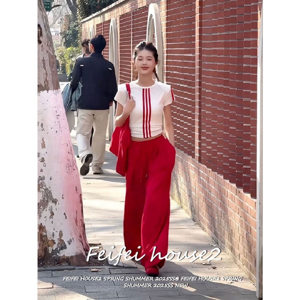 [Striped T-shirt Wide-leg Pants Set]ชุดเสื้อยืดแขนสั้นลายทางสไตล์สตรีทสำหรับผู้หญิงกางเกงขากว้าง