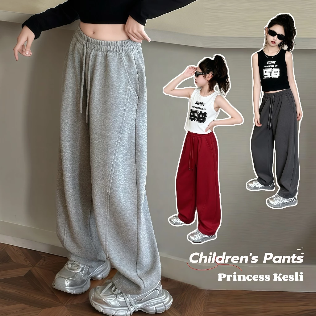 PRINCESS KESLI กางเกงเด็กผู้หญิง ผ้าฝ้าย กางเกงขายาวเด็ก ขากว้าง ทรงหลวม เอวยางยืด สไตล์เกาหลี 2-15 ปี