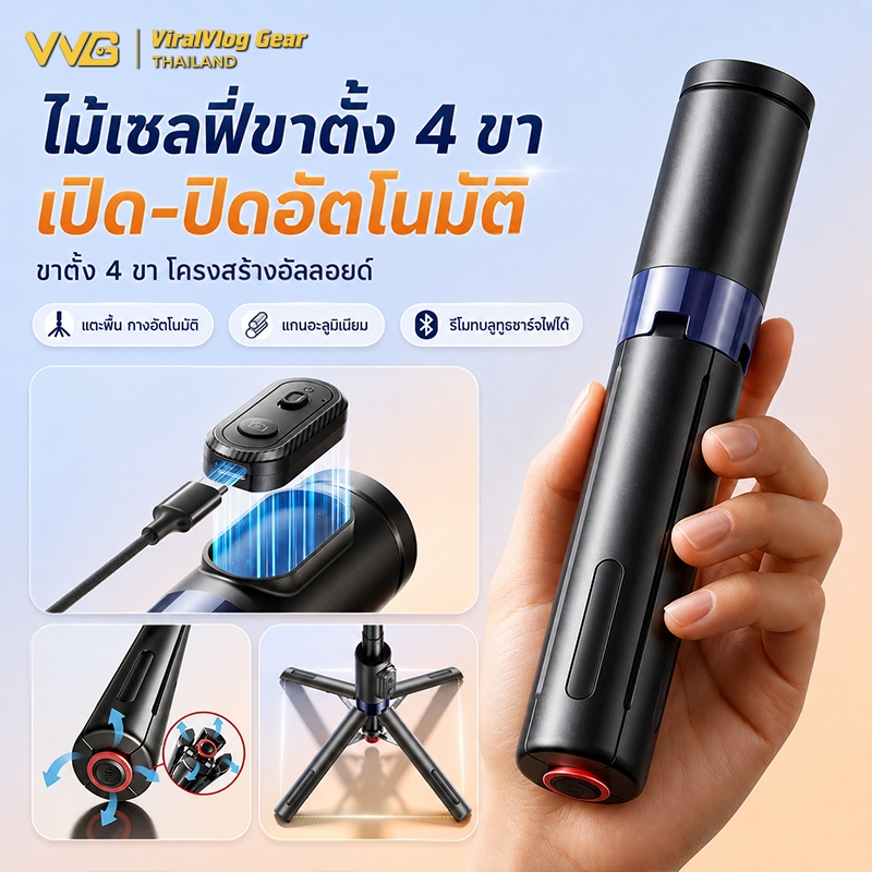 ไม้เซลฟี่ขาตั้งมือถือ 4 ขา เปิดอัตโนมัติ รีโมทบลูทูธชาร์จได้ พกพาง่าย ขาตั้งมือถือขนาดเล็ก หมุนได้ ถ่ายรูป ไลฟ์สด Vlog