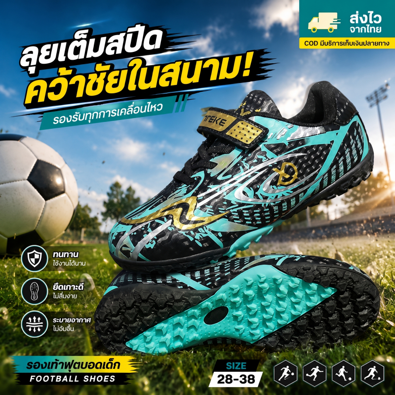 [COD] พร้อมส่ง กทม รองเท้าฟุตบอลเด็ก รุ่นใหม่ TF หญ้าเทียม 28-38 แบบตีนตุ๊กแก ไม่ผูกเชือก นุ่มเบา กันลื่น คุณภาพดีมาก