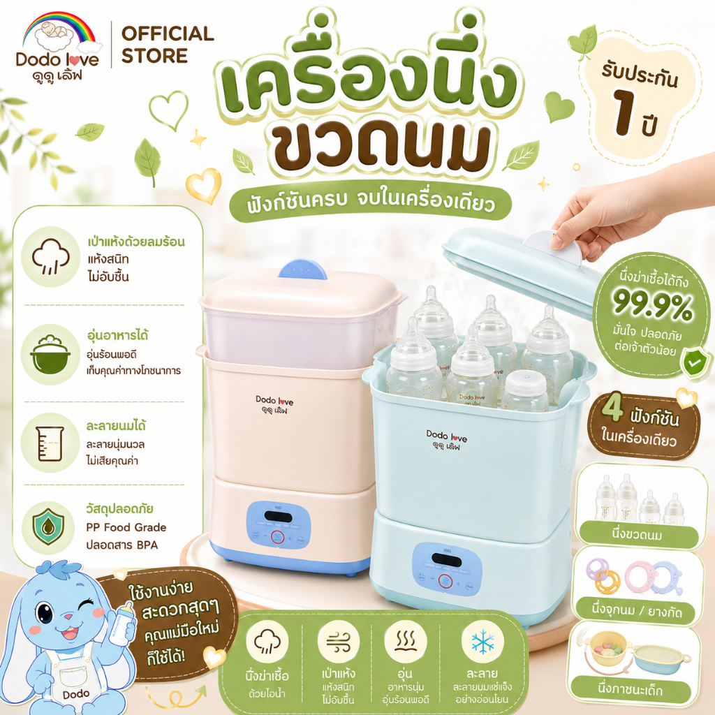 MommyKids DoDolove เครื่องนึ่งขวดนมพร้อมอบแห้งฆ่าเชื้อไวรัส 99.9% อุ่นนม ละลายน้ำแข็ง อุ่นอาหาร ฟังก์ชันครบ ประกัน1ปี