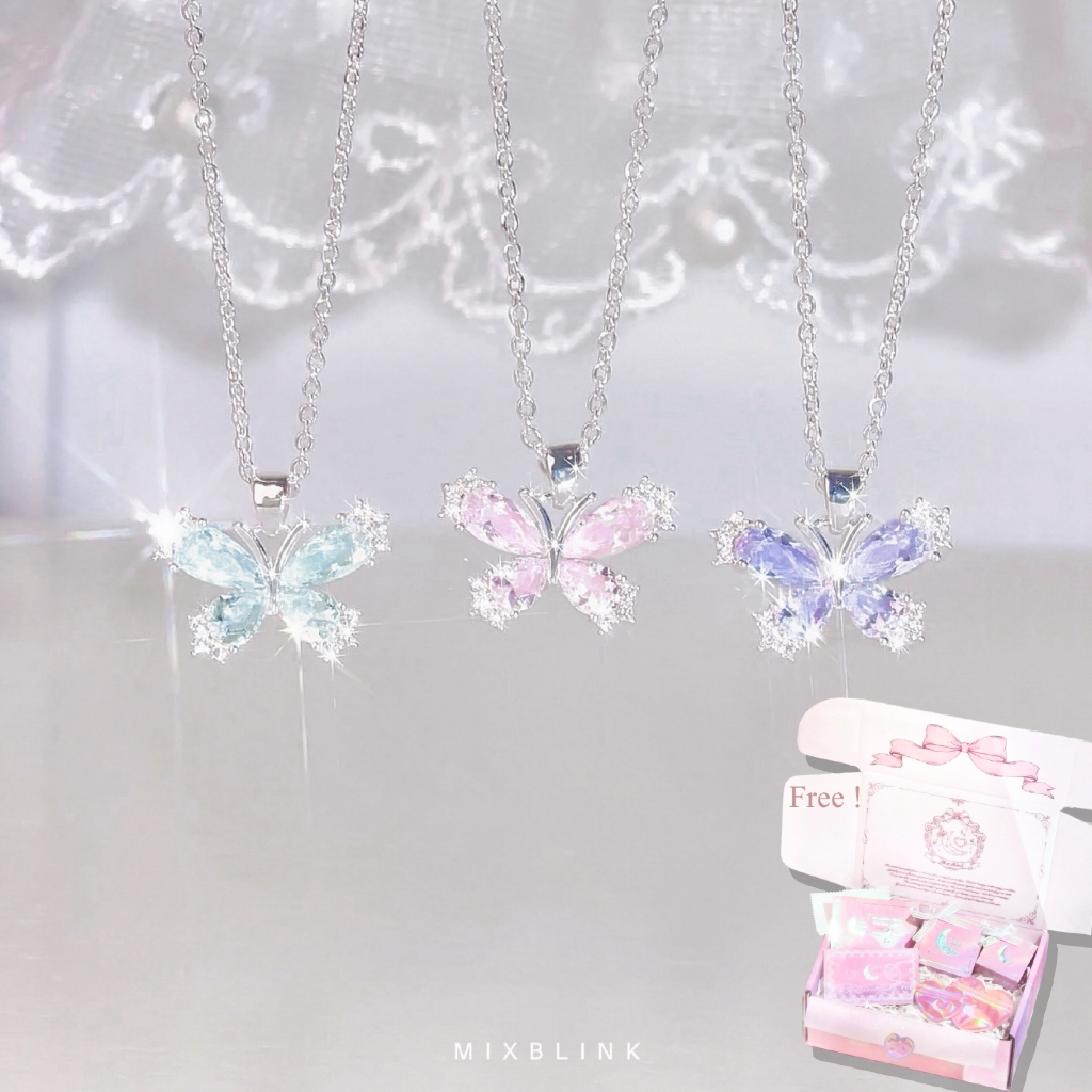 สร้อยคอ ทองเหลืองชุบหนาพิเศษ ♡ รุ่น FlyWing ♡ - ( #G13 ) จี้ผีเสื้อ พลอย ชมพู ม่วง ฟ้า น่ารัก เพชร cz MixBlink
