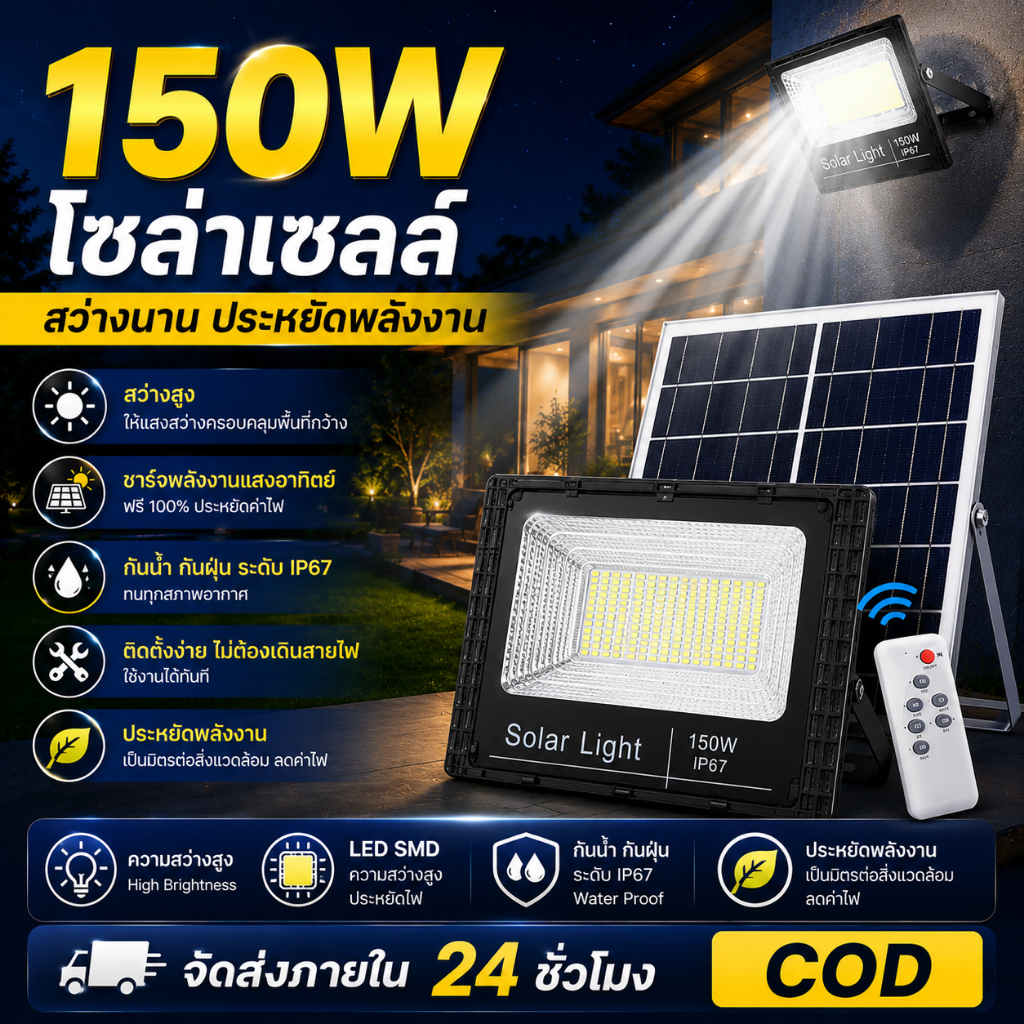 JD【รับประกัน 10 ปี】150W ไฟโซล่าเซล ไฟสปอร์ตไลท์ ไฟถนนโซล่าเซลล์ Solar Light แสงขาว สปอร์ตไลท์ led