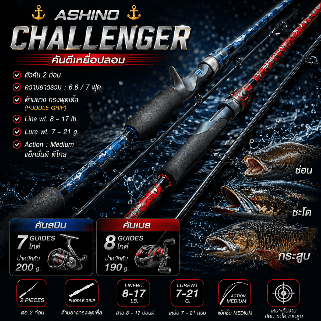 [ ของแท้ ]  คันเบ็ดตกปลา คันตีเหยื่อปลอม Ashino Challenger Line wt. 8-17 lb เหมาะกับงานช่อน ชะโด กระสูบ