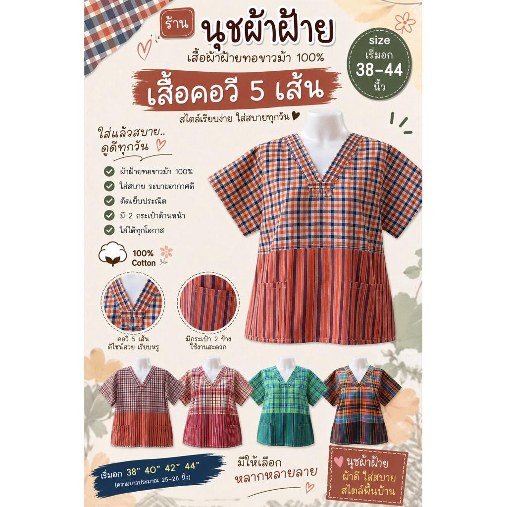 เสื้อผ้าขาวม้า คอวี อก 38" (S),40"(M),42"(L),44XL ความยาว 25"