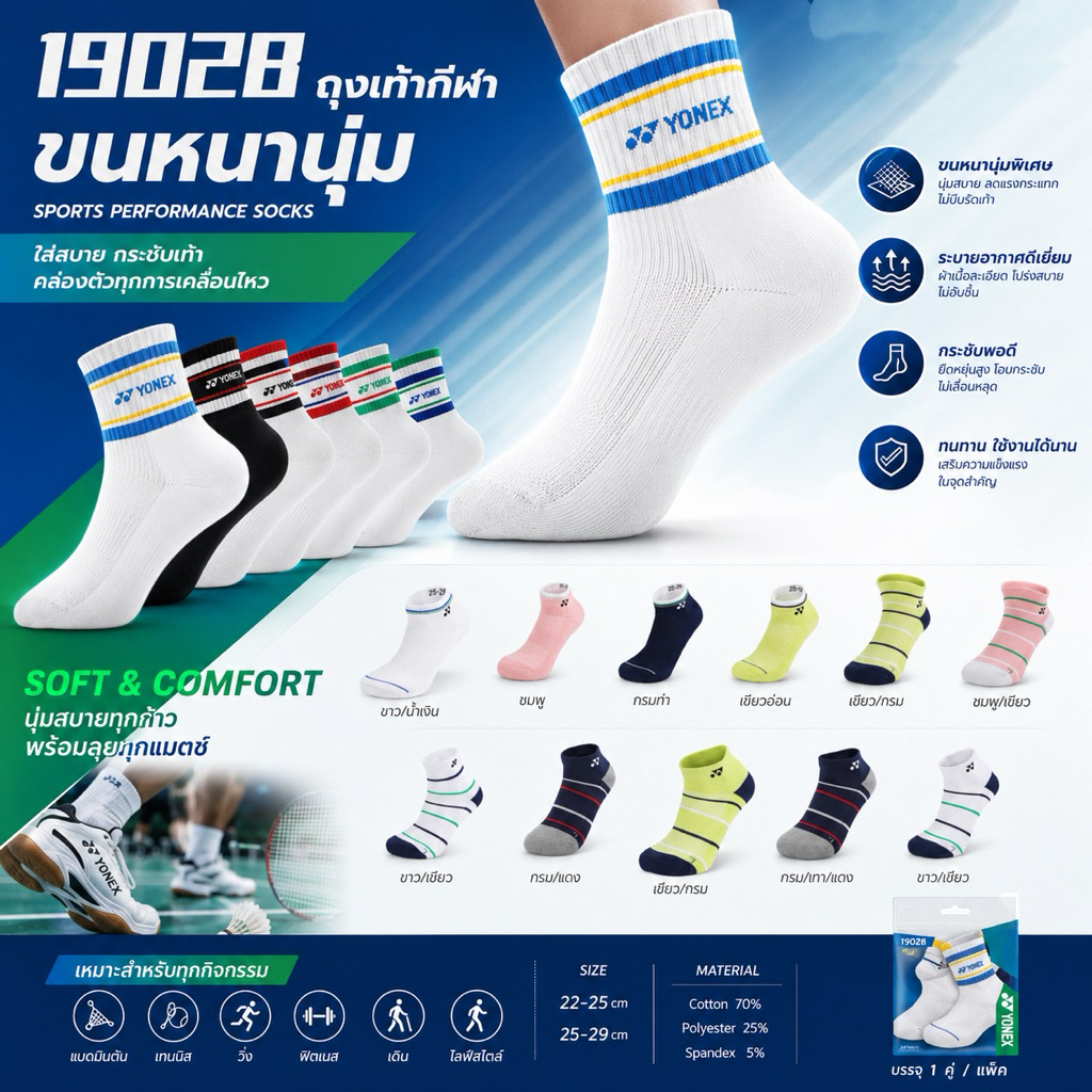 ถุงเท้า กีฬา แบดมินตัน เทนนิส Yonex โยเนก พื้นหนา ขนาดข้อสั้น/กลาง