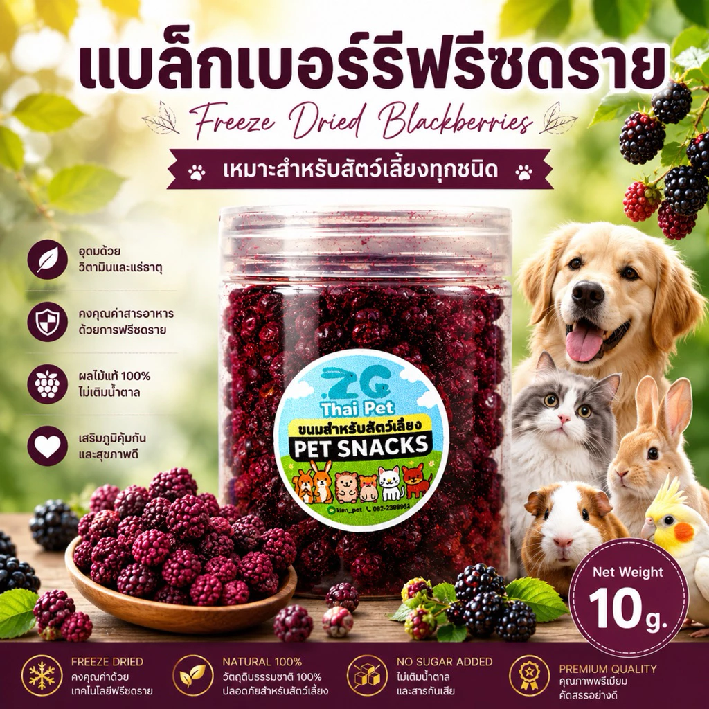 [ZC] แบล็กเบอร์รี่ฟรีซดราย Freeze Dried Blackberry ผลไม้ฟรีซดรายสำหรับสัตว์เลี้ยงฟันแทะทุกชนิด กระปุกขนาด 10 g.