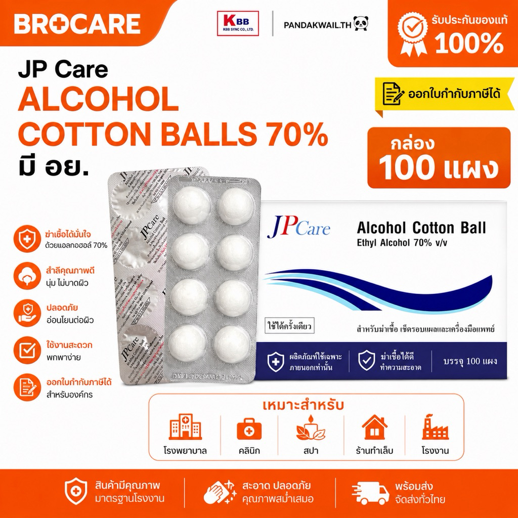 แอลกอฮอล์หลุมยี่ห้อ JP Care (กล่อง100แผง) อย.ไทย ราคาดีที่สุด