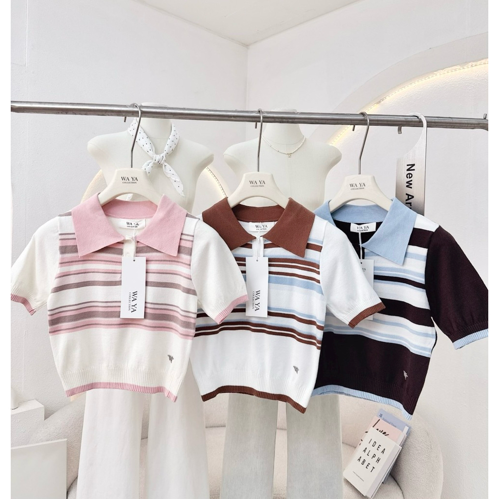 WA YA #25538 เสื้อผ้าไหมพรมคอปกโปโล แต่งสลับสีสดใส สีพาสเทล แต่งซิบอะไหล่เงิน