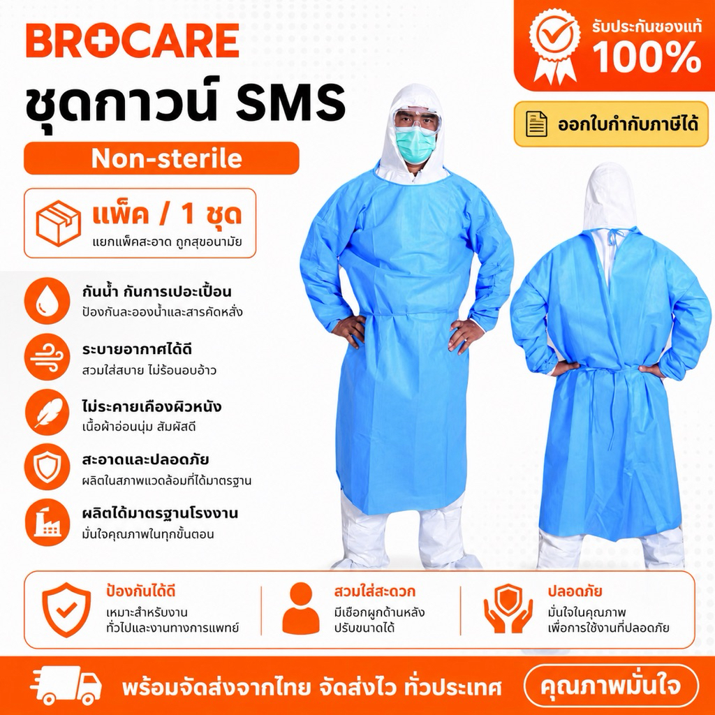 ชุดกาวน์ SMS สีน้ำเงิน ป้องกันกันน้ำแขนจั๊ม พร้อมส่งจากไทย