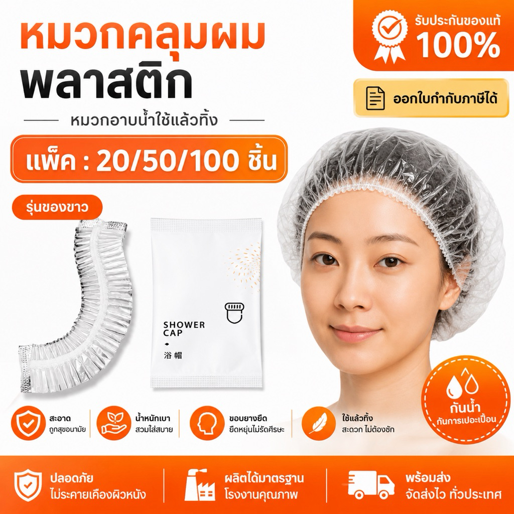 หมวกอาบน้ำพาสติกใช้แล้วทิ้ง รุ่นซองขาว หมวกโรงแรม รีสอร์ต พร้อมส่งราคาถูกสะอาด ปลอดภัย
