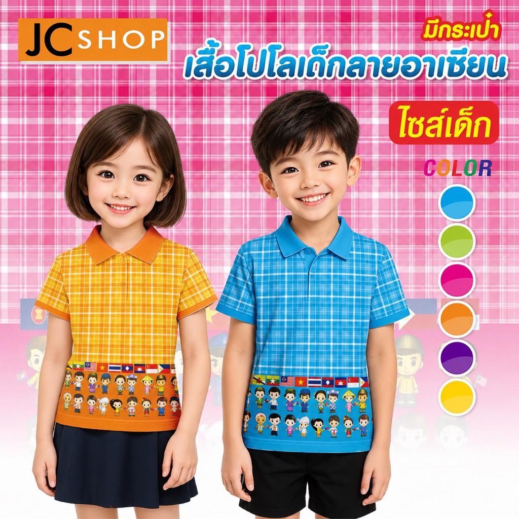 เสื้อโปโลเด็ก KID-A419 ลาย อาเซียน มีกระเป๋า
