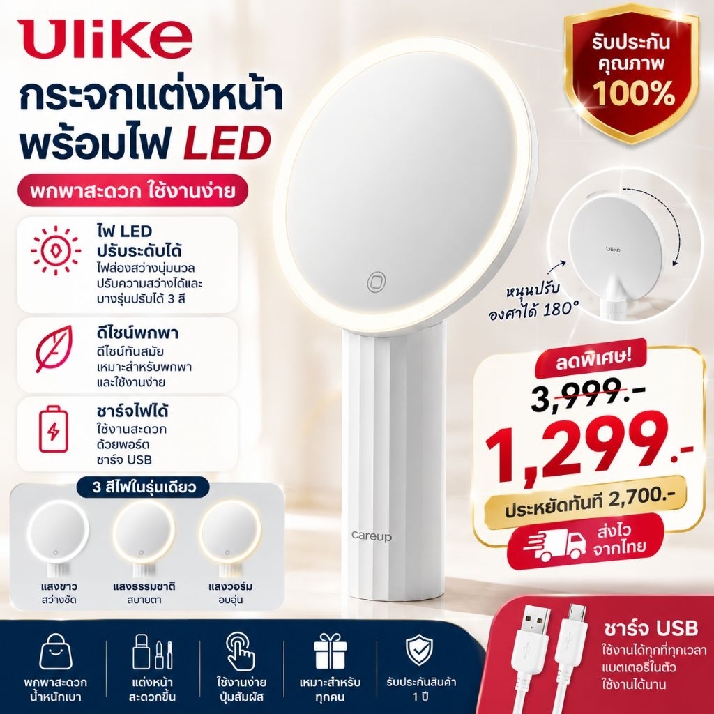 ส่งต่อ Ulike กระจกแต่งหน้า LED พร้อมไฟ