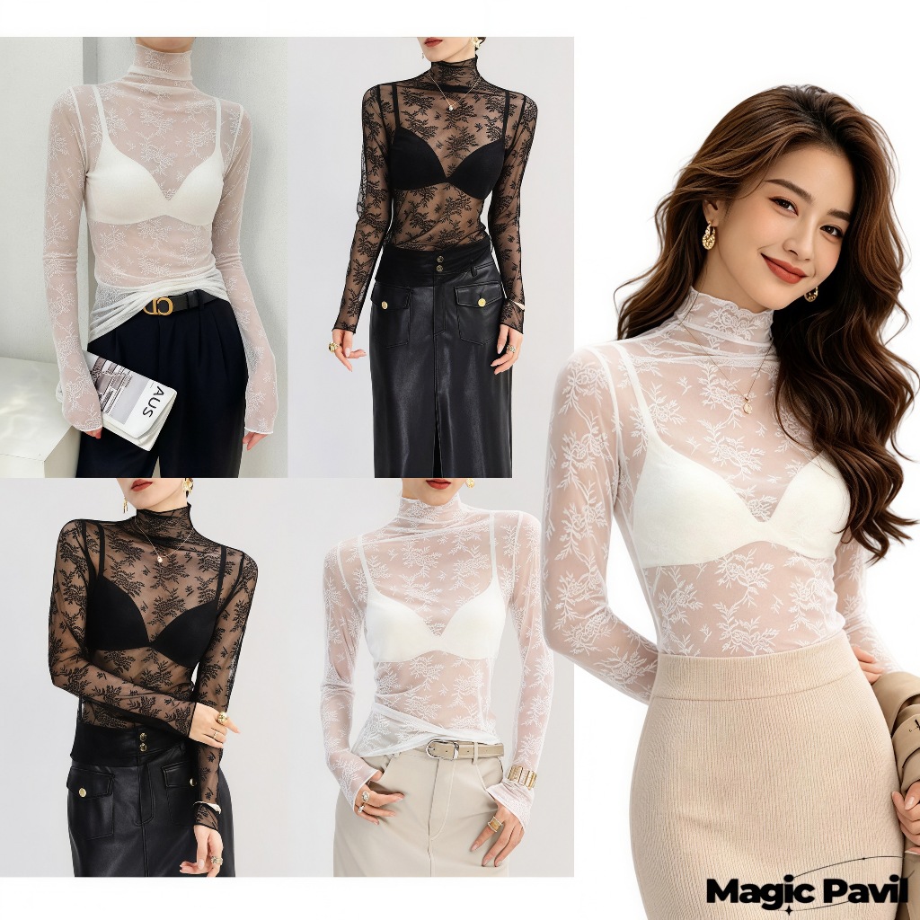 【Magic】พร้อมส่ง | เสื้อแขนยาวซีทรู คอเต่า ลวดลายใบไม้ ทรงสั้น ลมผ่าน รัดรูป เสื้อเซ็กซี่หญิง ใส่ซ้อนชั้นไปทะเล' FYC89
