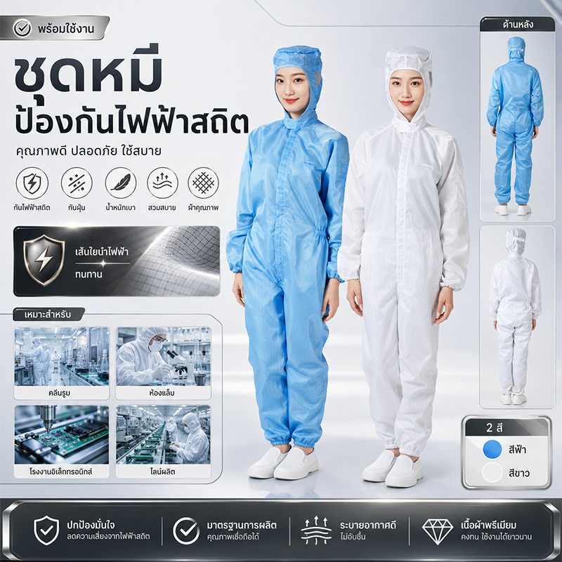 【พร้อมส่ง】ชุดป้องกันไฟฟ้าสถิตย์ แบบจั๊มสูท ชุดคลีนรูม พร้อมฮู้ด กันฝุ่น ใช้ซ้ำได้ ระบายอากาศดี เหมาะห้องคลีนรูม