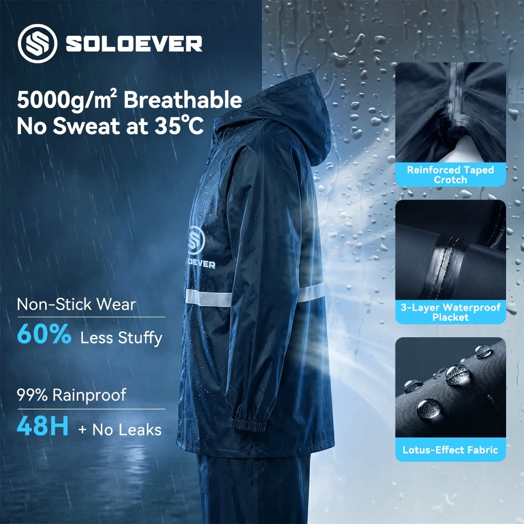 ​SOLOEVER เสื้อกันฝน 2ชิ้น กันน้ำ100% ฮู้ดปรับได้ เหมาะสำหรับขี่ ผู้ชาย ผู้หญิง สวมใส่สบาย ราคาพิเศษ thumbnail 6