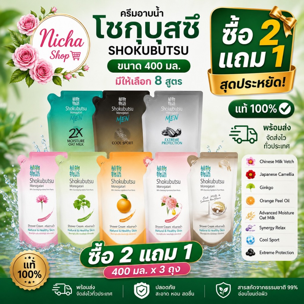 3 ถุง *** ครีมอาบน้ำ โชกุบุสซึ ถุงเติม 400 มล ครบสีเลือกได้