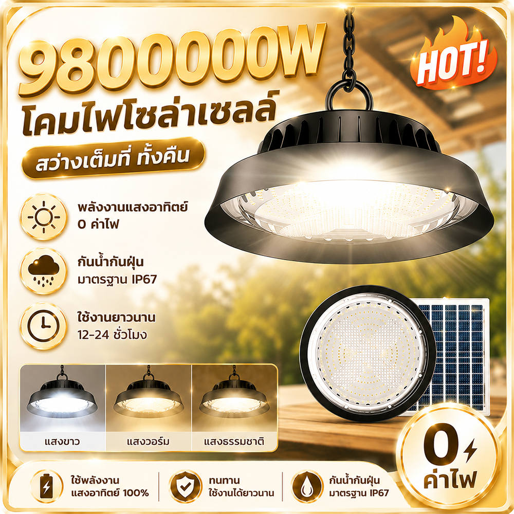 【การอัพเกรดใหม่】โคมไฟโซลาร์เซลล์ Solar light 980000W ไฟโซล่าเซลล์ติดเพดาน โคมวินเทจ สามสีปรับได้