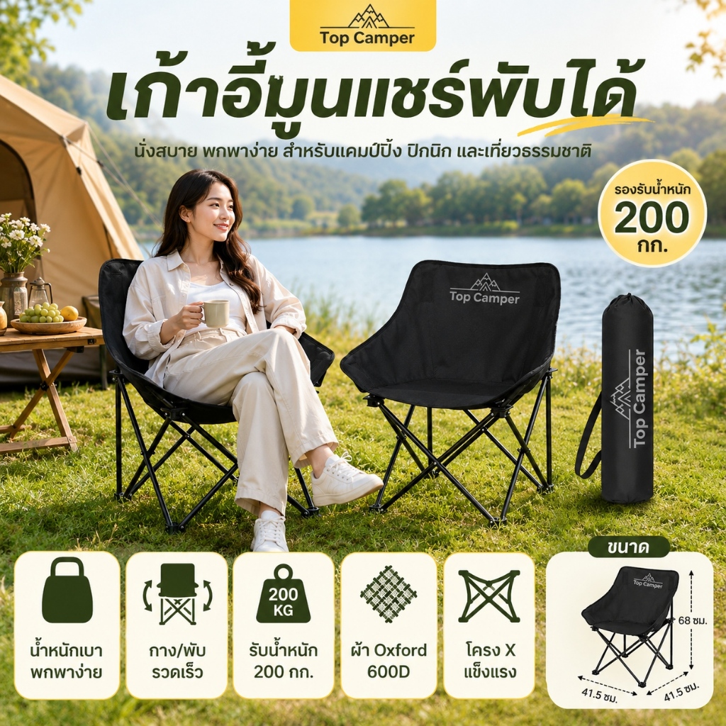 2026 Topcamper เก้าอี้แคมป์ปิ้ง พับได้ 1 วินาที เก้าอี้ดวงจันทร์ รองรับ 200 กก ฟรีถุงเก็บ