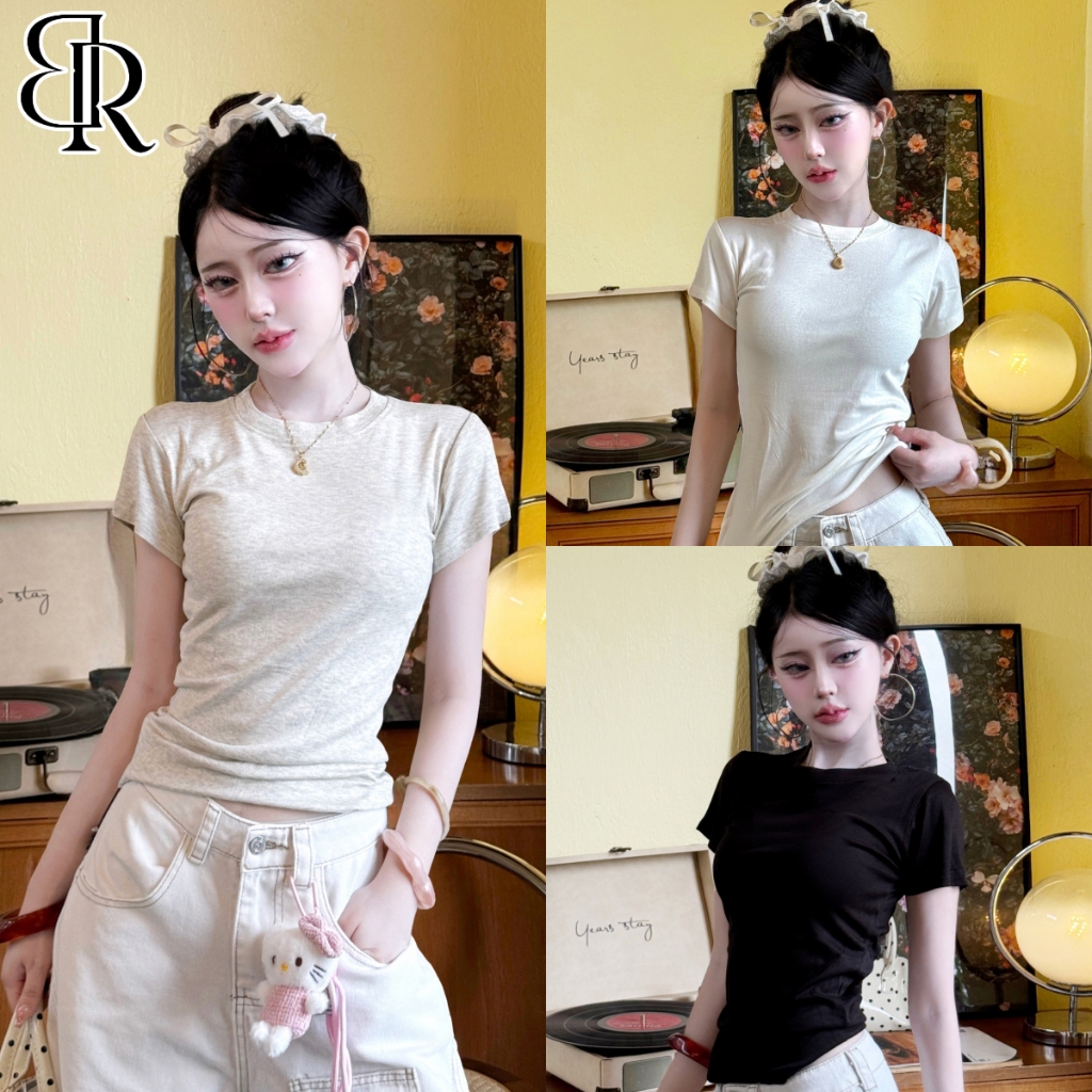 B&R พร้อมส่ง เสื้อผู้หญิง เสื้อยืดทรงสลิมฟิต ผ้าสวมใส่สบายและระบายอากาศได้ดี ยืดหยุ่น สีทึบ ขนาดS-XL
