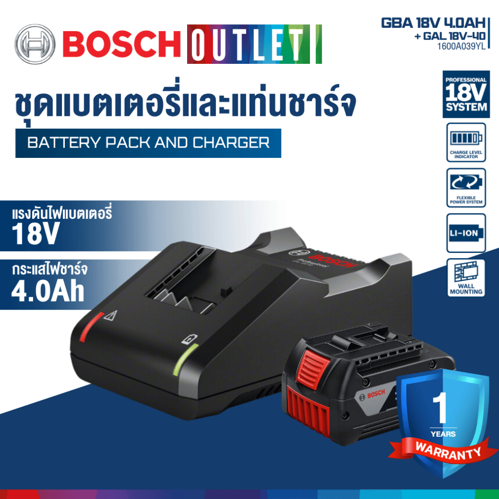 BOSCH STARTER KIT (แบต 18V 4.0Ah. x 1 ก้อน | 1 แท่นชาร์จ GAL18V-40) #1600A039YL