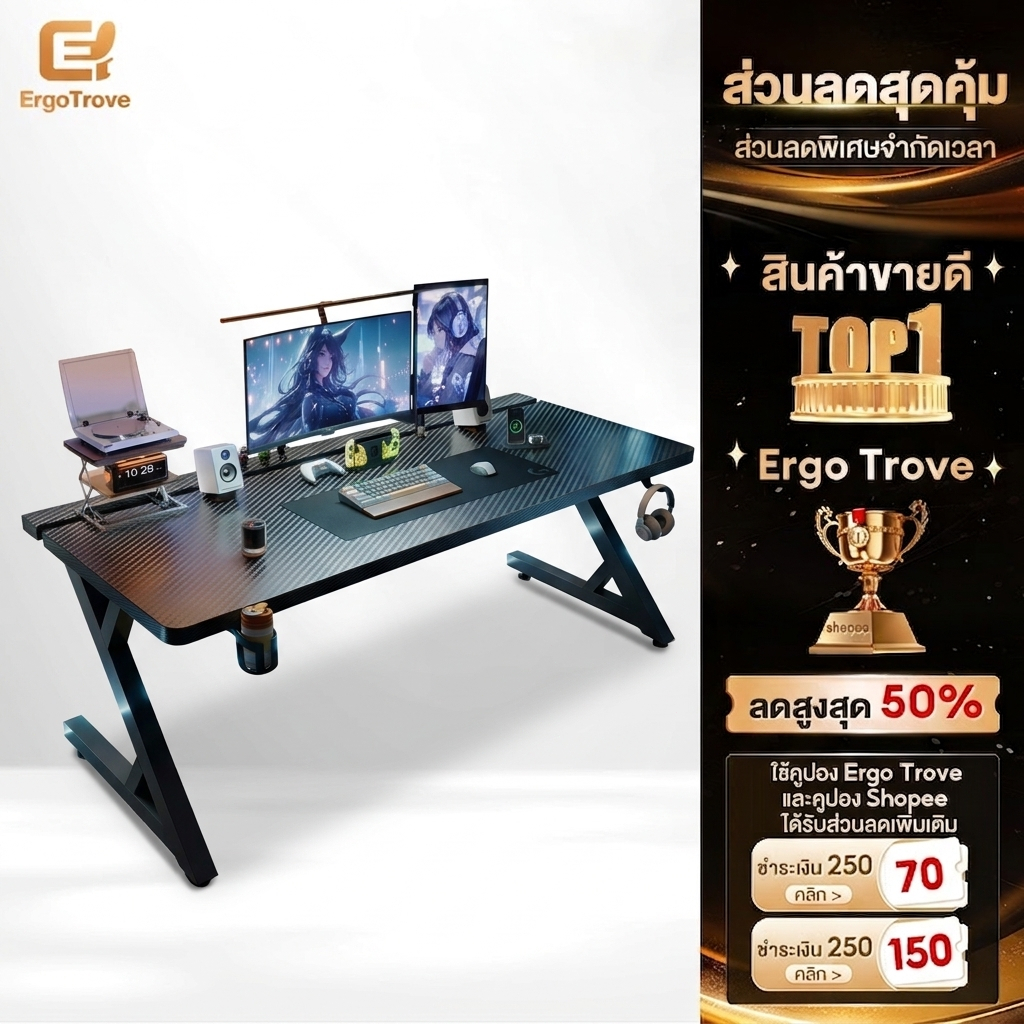 ET โต๊ะคอม โต๊ะเกม ด้วยการออกแบบแผงแบบสองส่วน ทำให้สามารถอัปเกรดและจัดเก็บอุปกรณ์ต่อพ่วงสำหรับเล่นเกมได้อย่างง่ายดาย