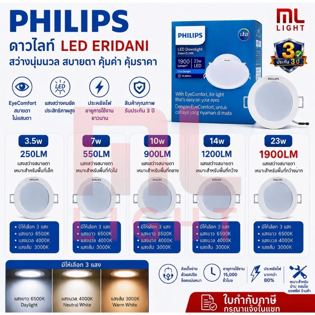 Philips LED Downlight Eridani DL190B 3.5w 7w 10w 14w 23w ขนาด 3.5" 5.5" 6.5" 9" หน้ากลม (ฝังฝ้า) ดาวน์ไลท์ โคมไฟ ดาวไลท์