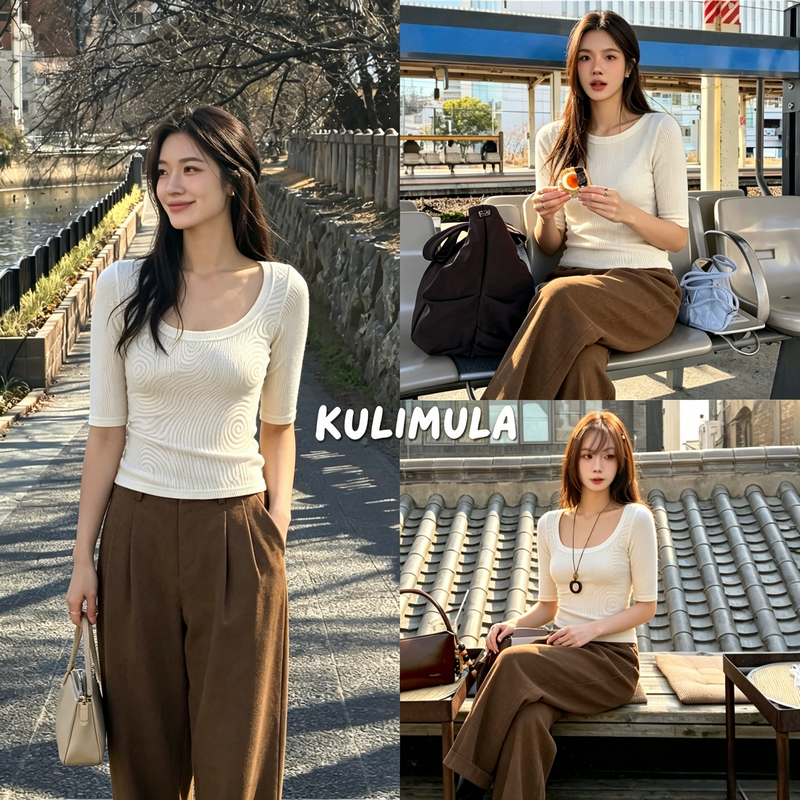 KULIMULA Scoop Neck Elbow Sleeve Top เสื้อยืดคอโดว์แขนสั้นลายริ้ว ทรงฟิตตัวสวยหรู สไตล์วินเทจ เหมาะท