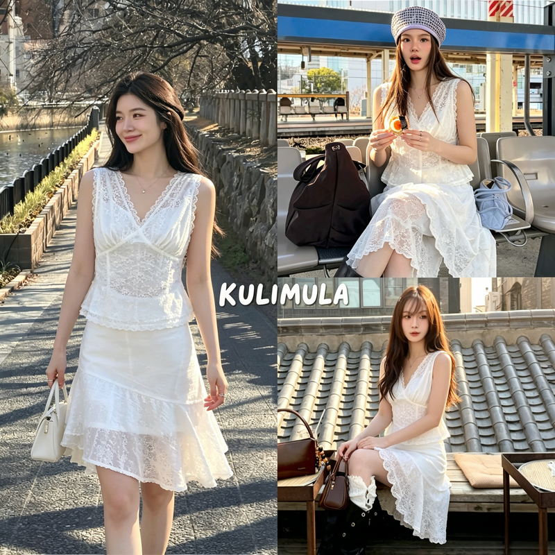 KULIMULA Windy top เสื้อสายฝอคอวีลูกไม้ ทรงฟิตตัวสไตล์สวีท เหมาะใส่ทุกฤดูกาล CP803