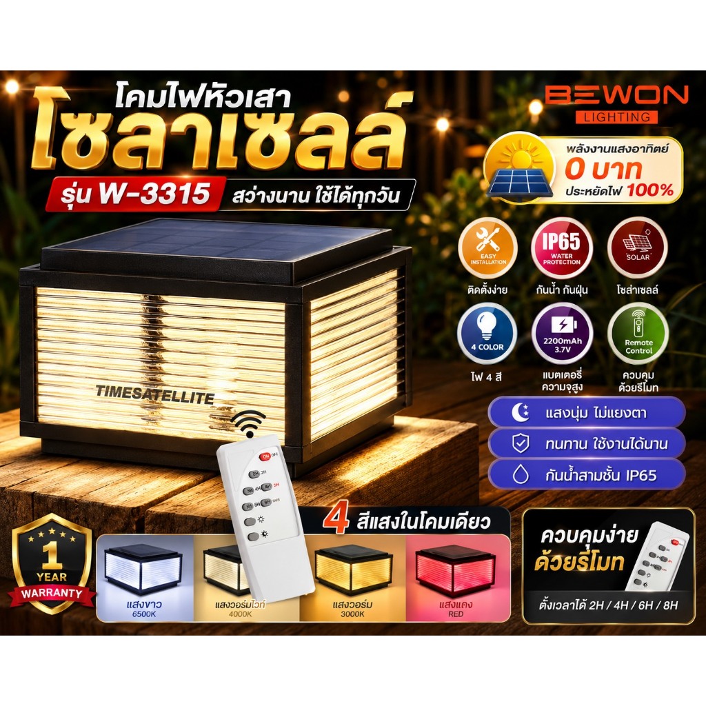 โคมไฟหัวเสาโซล่าเซลล์ BEWON Lighting รุ่น BW-3315