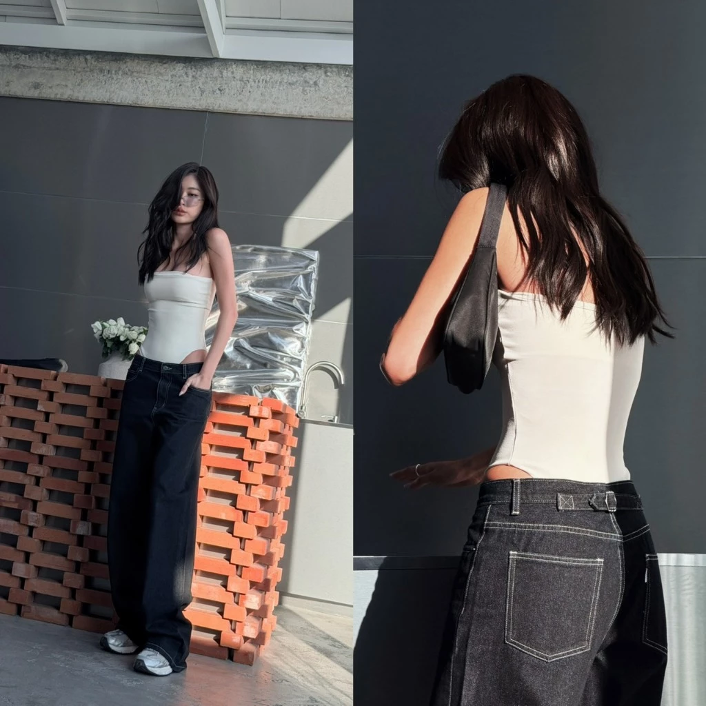 ยีนส์ Nammon Jeans BA07 กางเกงยีนส์เอวกลางกระบอกใหญ่ รุ่น Lucky Belt - ผ้าไม่ยืด