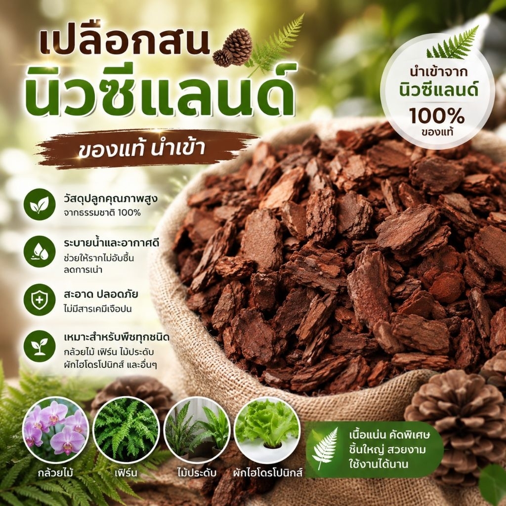 เปลือกสนนิวซีแลนด์ ของแท้ นำเข้า คุณสมบัติเพิ่มการระบายนํ้าในวัสดุปลูกและสําหรับตกแต่งบนกระถาง