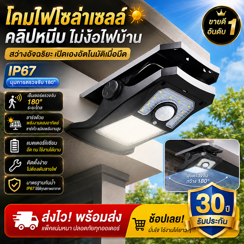 【เปลี่ยนฟรี 30ปี】ไฟโซล่าเซลล์ 300W LED ไฟคลิปหนีบรูป ไฟแคมป์ปิ้ง โคมไฟพกพา IP67กันน้ำ ป้องกันฟ้าผ่า โคมไฟฉุกเฉิน