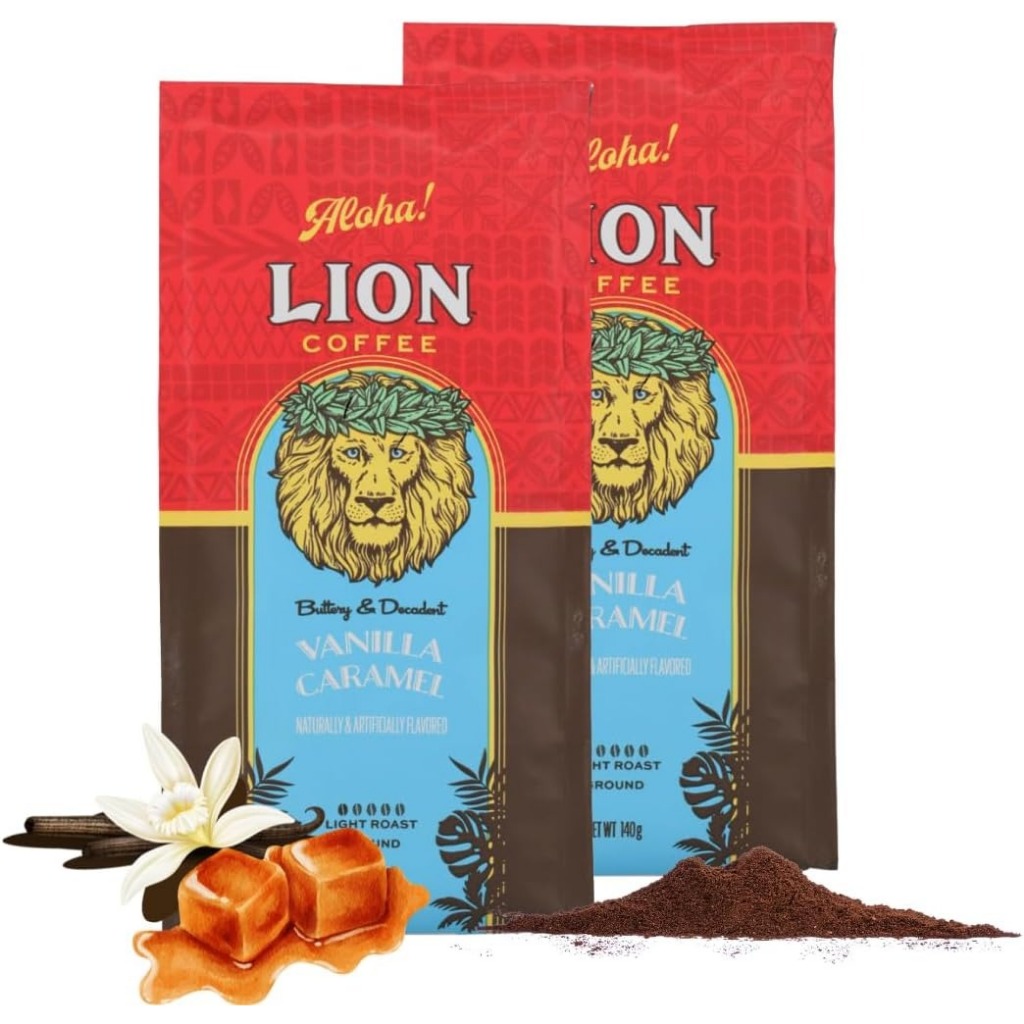 Lion Coffee Vanilla Caramel Ground Coffee 140g x 2 Packs Hawaiian Flavored Coffee Light Roast