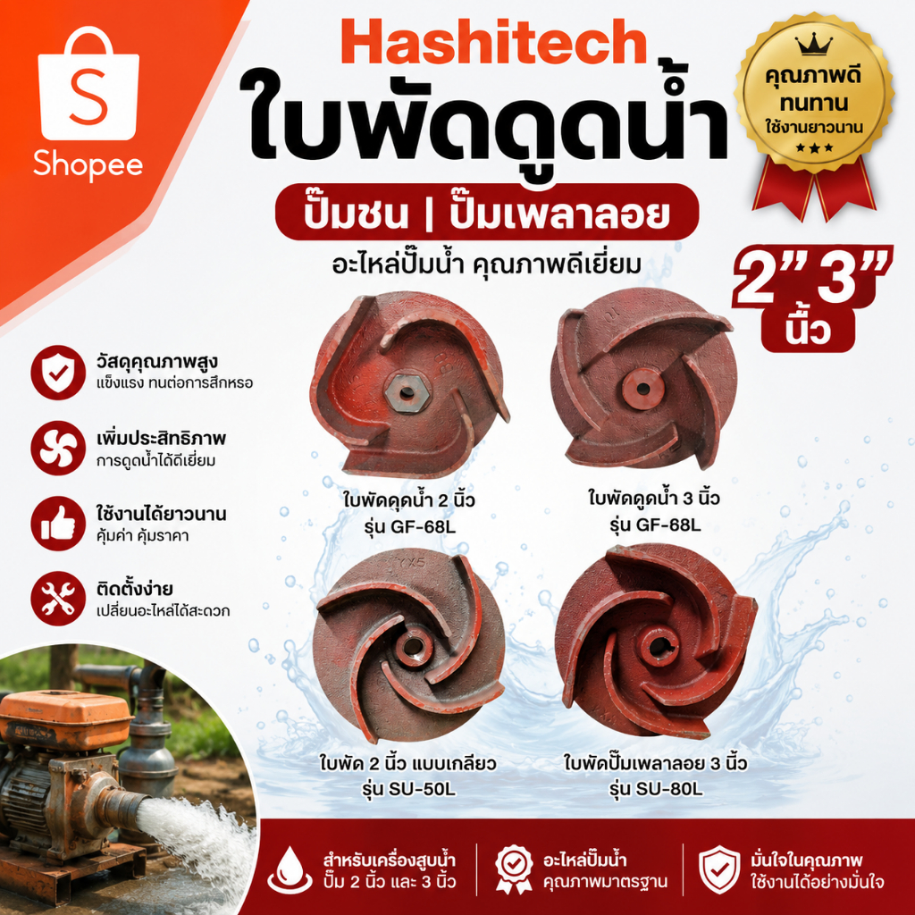 ใบพัดดูดน้ำ ปั๊มชน ปั๊มเพลาลอย 2,3 นิ้ว ปั้มน้ำ เครื่องสูบน้ำ ปั๊มน้ำอลูมิเนียม ฮาชิเทค