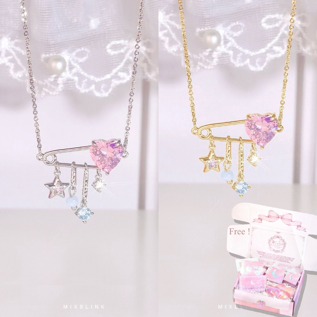 สร้อยคอ ทองเหลืองชุบหนาพิเศษ ♡ รุ่น BroochLyn ♡ - ( #D9 ) จี้เข็มกลัด หัวใจชมพู ห้อยดาว เพชรสีฟ้า เพชร cz MixBlink