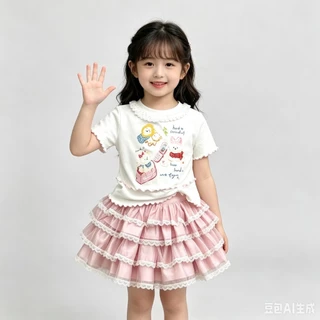 MC282 เซ็ตเสื้อยืดเด็กผู้หญิง + กระโปรงฟูฟ่อง ลูกไม้หวานๆ