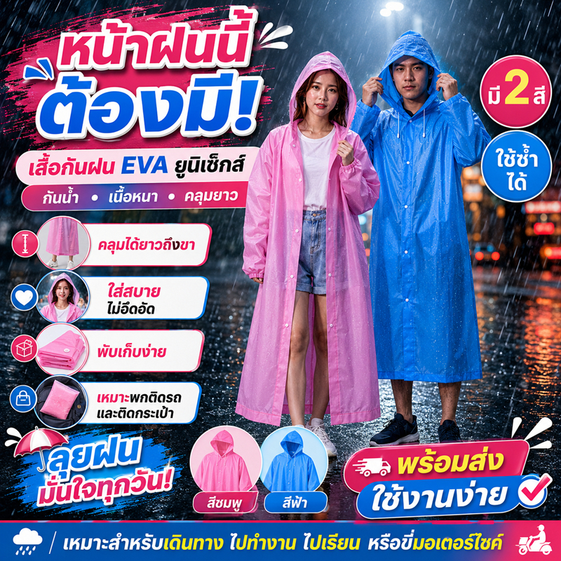 เสื้อกันฝน EVA แบบยาว ยูนิเซ็กส์ ผู้ใหญ่ กันน้ำ เนื้อหนา มีฮู้ด เสื้อกันฝนแฟชั่น พกพาง่าย ใช้ซ้ำได้ Raincoat