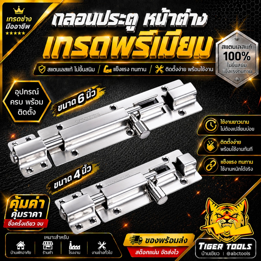 กลอนประตู กลอนหน้าต่าง กลอนสแตนเลส แท้ ขนาด 4 และ 6 นิ้ว กลอน กลอนหน้าต่าง กลอนเรียบเหลี่ยม สแตนเลสแท้ ไม่ขึ้นสนิม แข็งแ